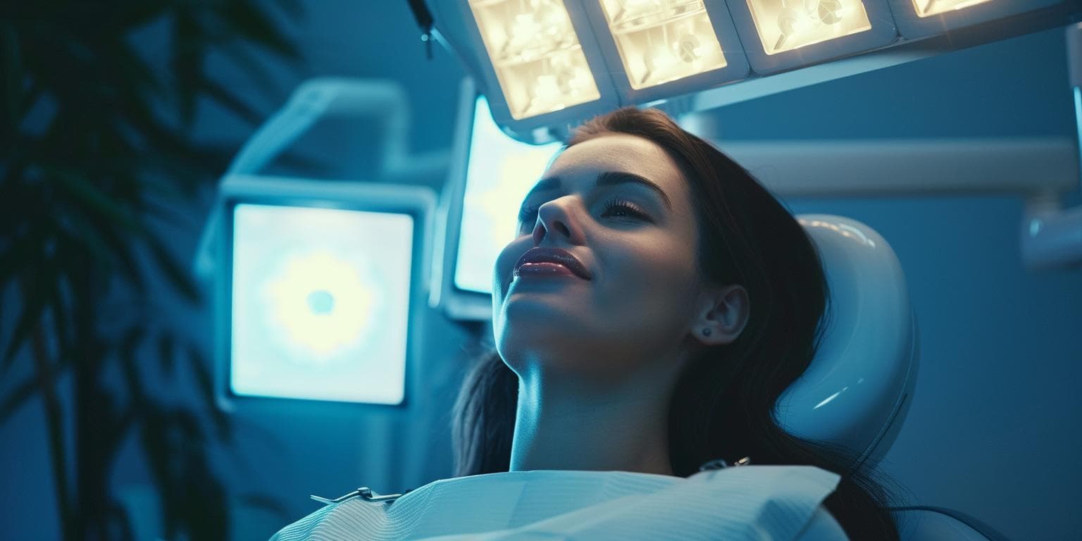 A patient reclining in a dental chair under the exam light