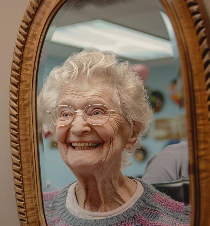 An older patient smiling at her reflection in a hand mirror